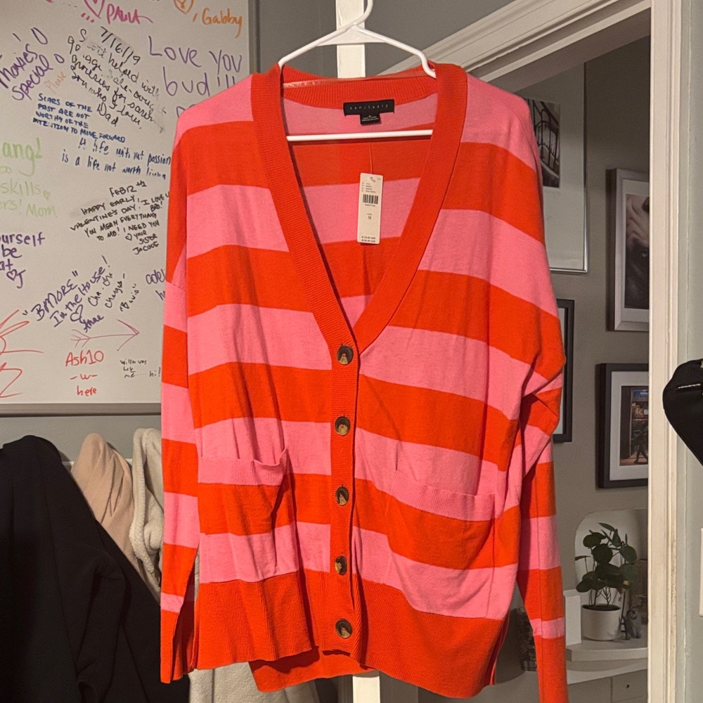 J. Crew Bold Pink and Red Striped Cardigan